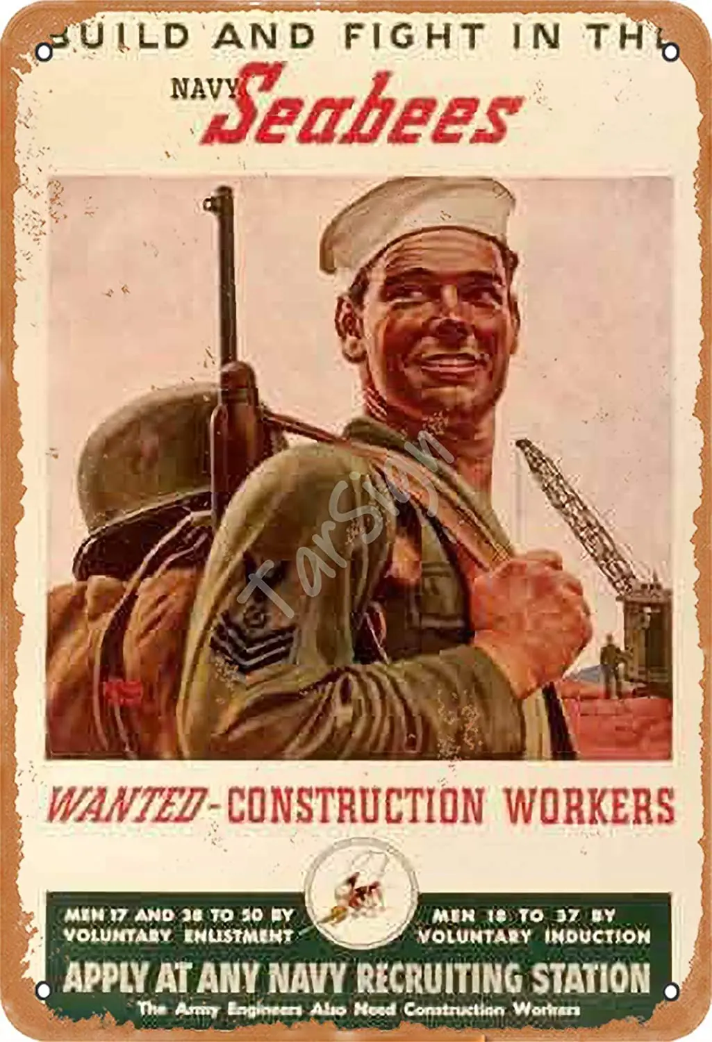 

KIEJAW Build and Fight in The Navy Seabees Wanted Construction Workers Vintage Tin Sign Logo Advertising Eye-Catching Wall