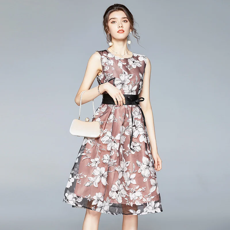 Женское платье трапеция из органзы элегантное без рукавов с цветочным принтом и