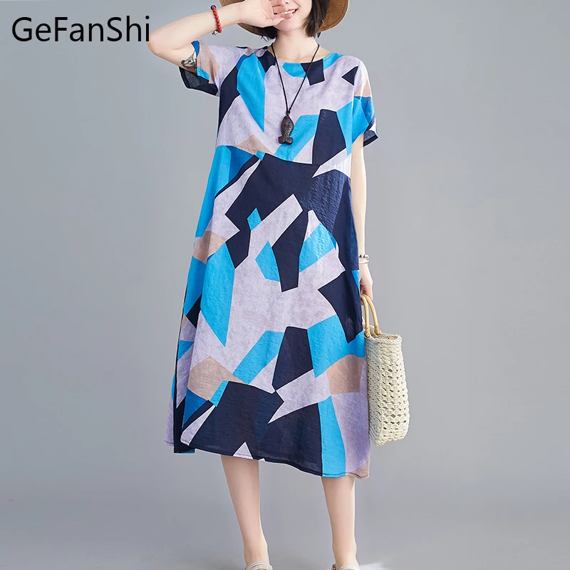 

Женское свободное платье из хлопка и льна, Повседневное платье с геометрическим принтом, коротким рукавом и круглым вырезом, лето 2021