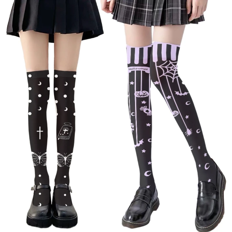 

573B Japanese Lolita Anime Kawaii Thigh High Stockings Women Gothic Punk Cross Butterfly Pumpkin Spider Print Cosplay Over Knee