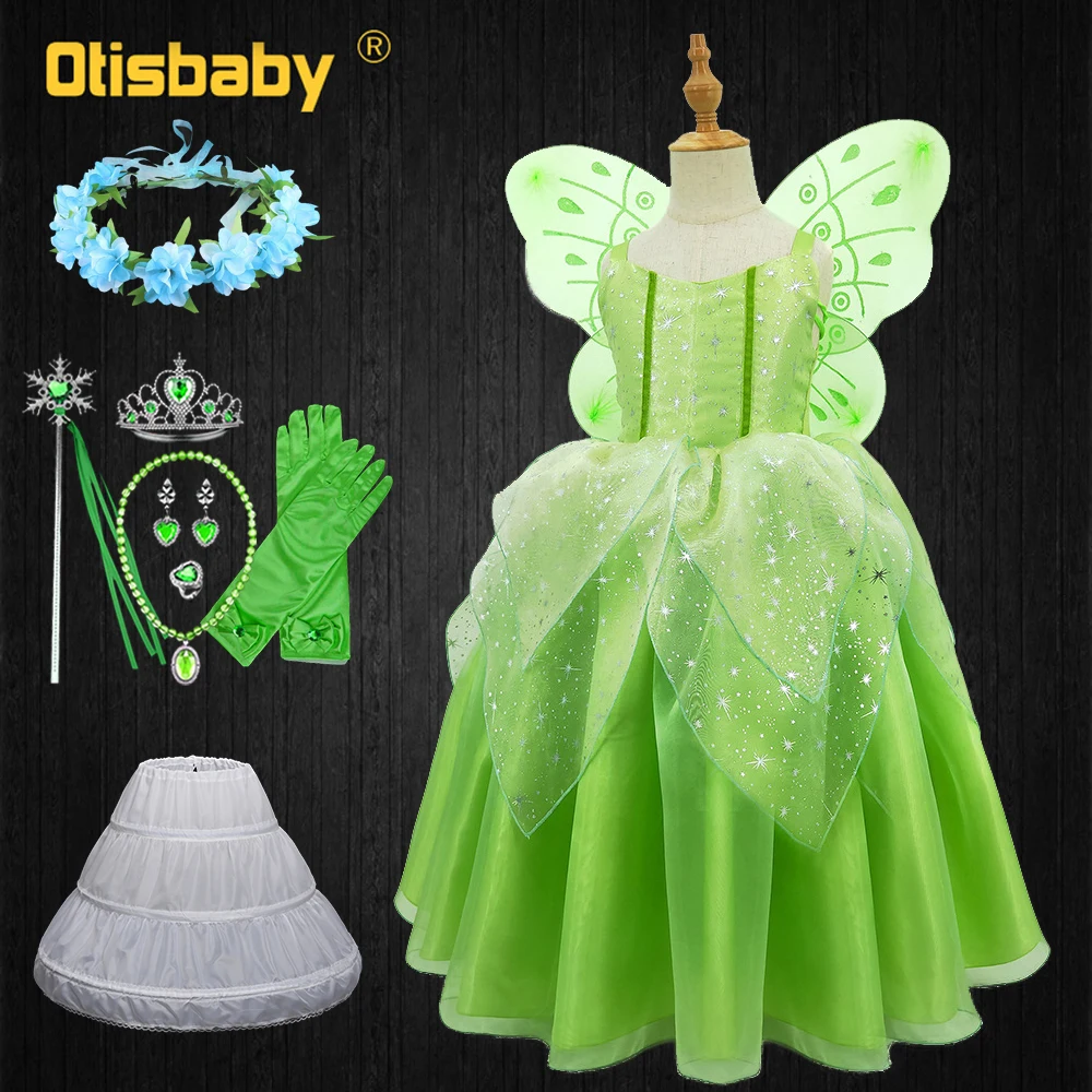 Vestido de princesa y Rana para niñas, disfraz de elfo verde con alas de Hada, de fantasía, para fiesta de cumpleaños y Navidad