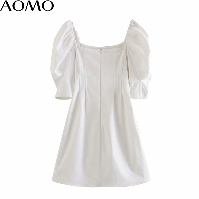 

AOMO fashion women dress summer white party dress puff short sleeve backless zipper females mini dresses vestidos 4M152A