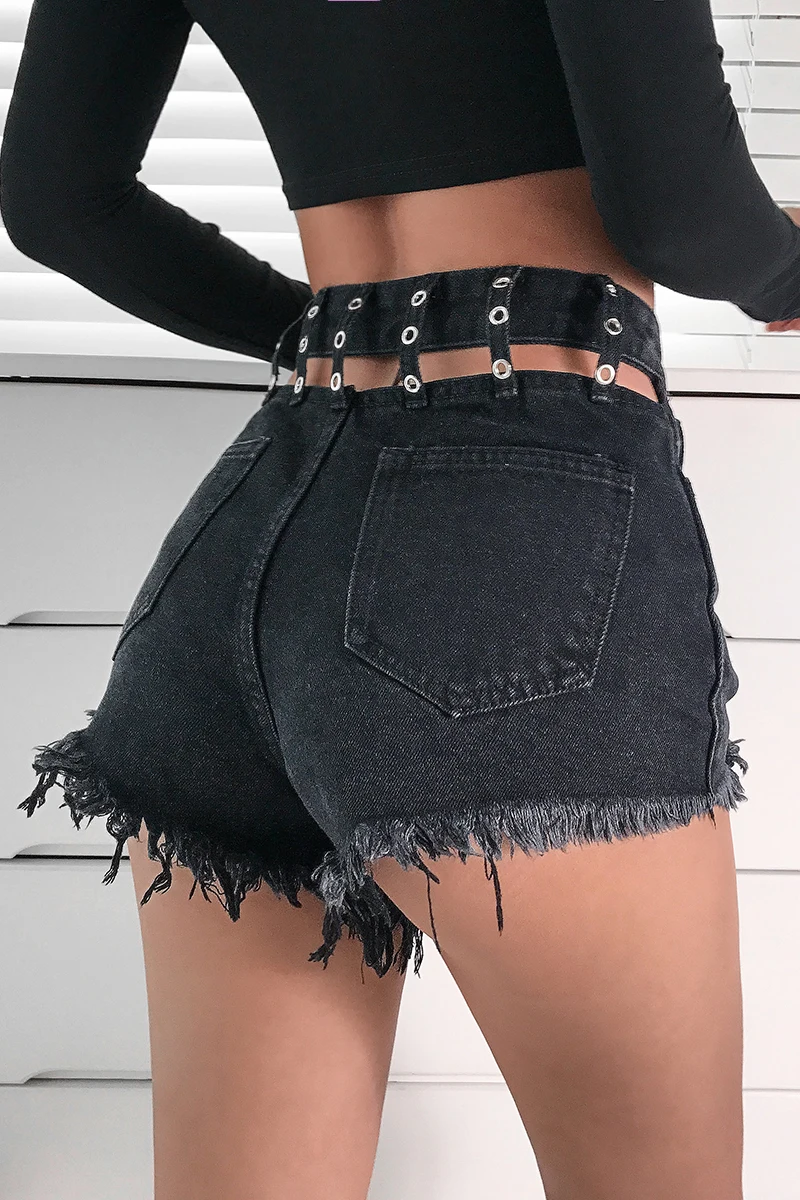 

New Fashion Women Shorts Worn High Waist Hollow Denim Shorts Slim Hip Wide Leg Casual Black Shorts for Female
