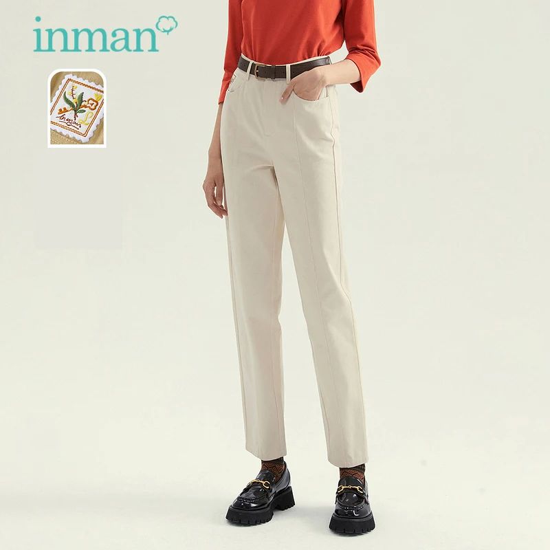 

INMAN Autumn Winter Women's Pants Retro Literary Stamp Fun Embroidery Design Pocket Straight Casual Simple Trousers
