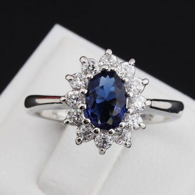 

UILZ Princess Crystal Blue Cubic Zirconia Silver Color Wedding Finger Flower Shape Dazzling CZ Ring Brand Jewelry for Women