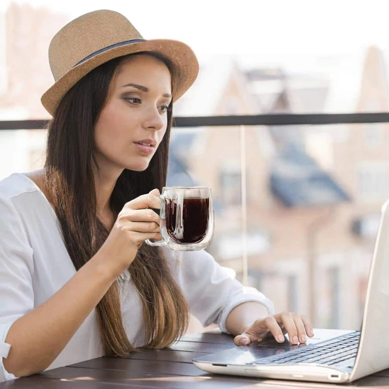 Promotion! Double Wall Gl Coffee Mugs Tea Cups Set of 2 Thermal Insulated and No Condensation with Wide Handle (300ML) | Дом и сад