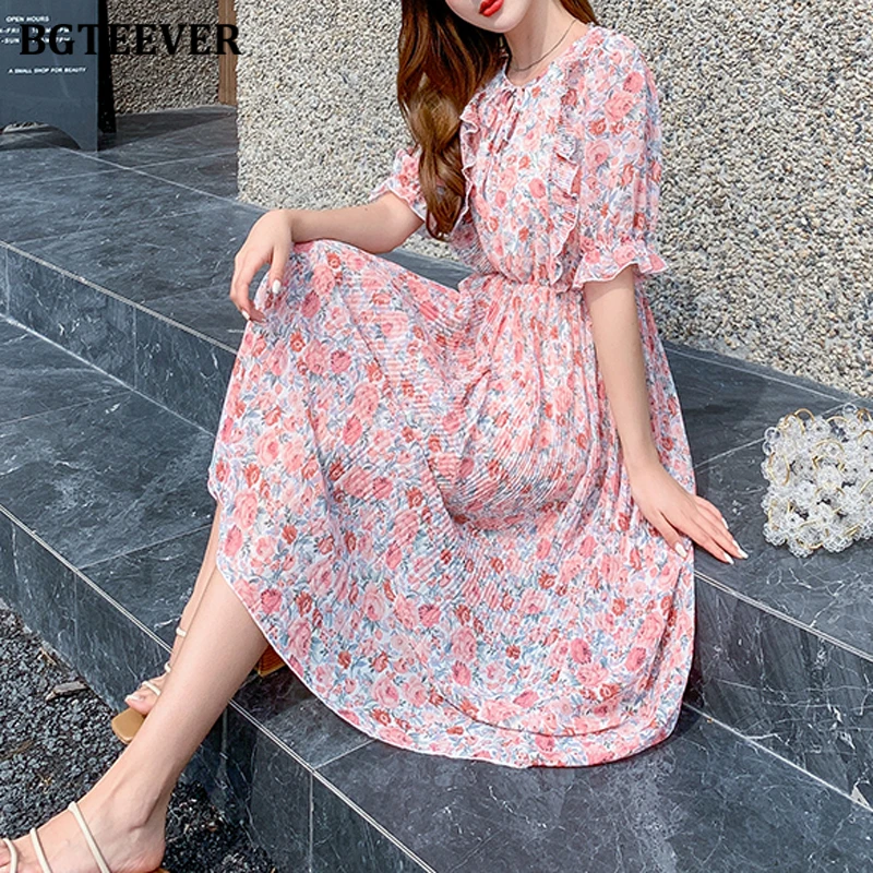 Платье BGTEEVER женское шифоновое с круглым вырезом романтичное Плиссированное