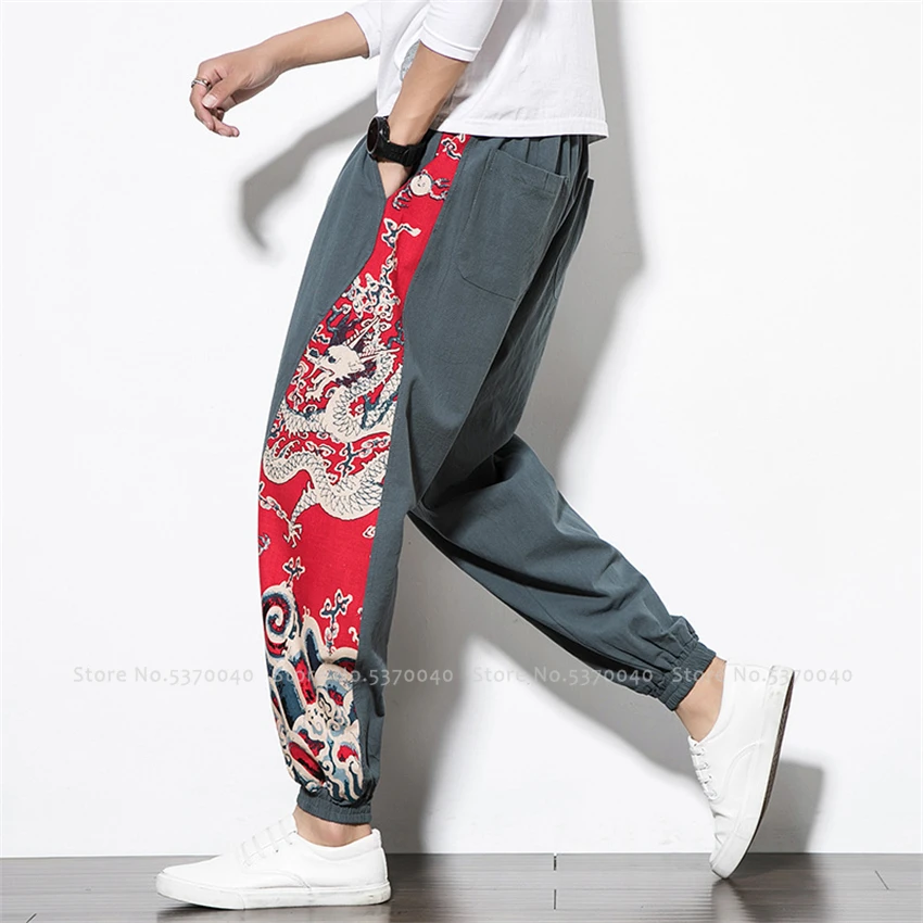 Мужские широкие шаровары Ukiyo e Dragon льняные брюки в японском стиле Харадзюку