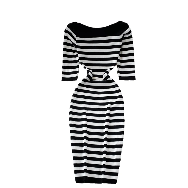 

Kimutomo Vintage Striped Knitted Dress 2021 Summer New O-neck Short Sleeve Slim Bodycon Robes Female Elegant Korean Chic