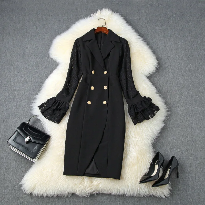 

2020 Autumn Winter Fashion Bodycon Dress Runway Women Notched Collar Lace Patchwork Flare Sleeve Red Black Work Dress Outfits