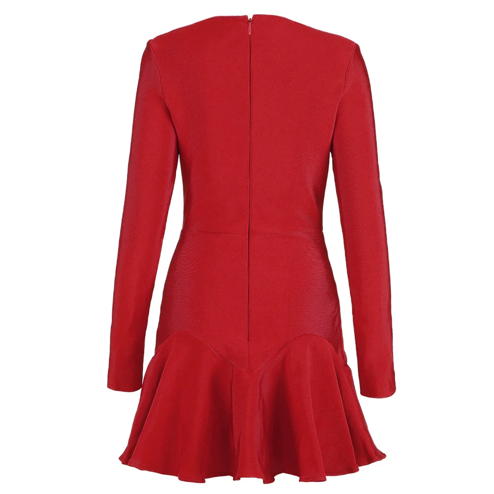 2021 Sexy Red Long Sleeve V Neck High Quality A Line Bandage Dress Fashion Evening Party Vestido Mini Club mini dress Sexy Red Long Sleeve V Neck  A Line Bandage Dress Evening Party