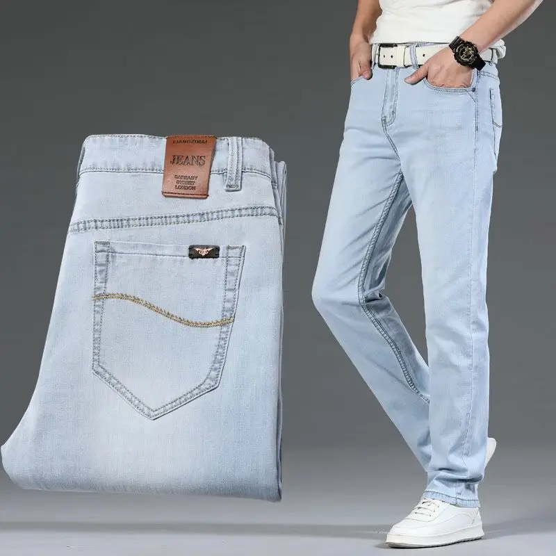 2021light jeans men's plus size straight loose elastic high-end tide brand light blue and white casual trousers bleached jeans
