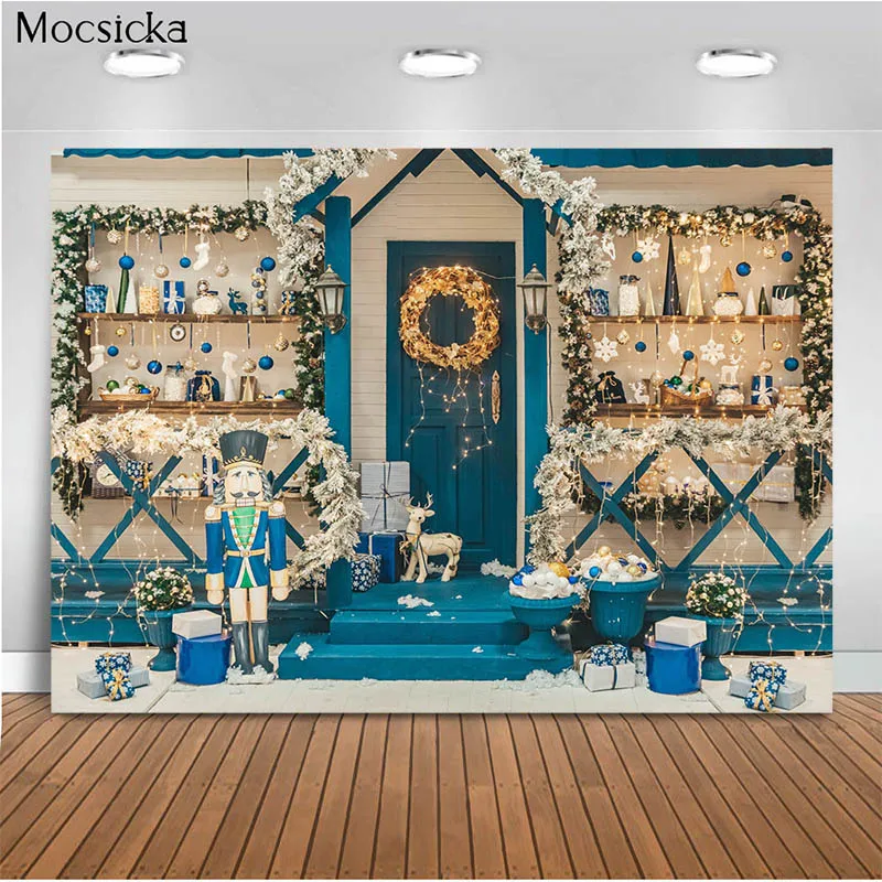

Mocsicka Winter Christmas Background Blue Hut Light Wooden Door Decoration Child Portrait Photo Backdrop Photography Studio
