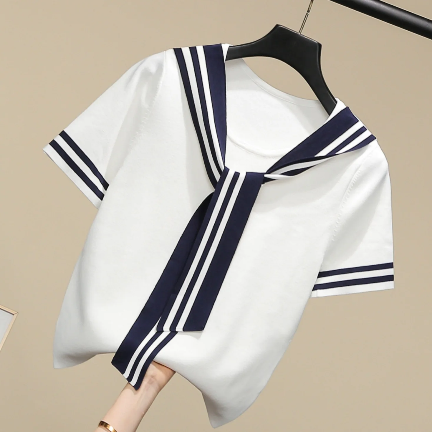 

VANOVICH Bow Fashion Women Knit Top 2021 New Summer T Shirts Women Casual Striped Short-sleeved Korean Style Women Clothing