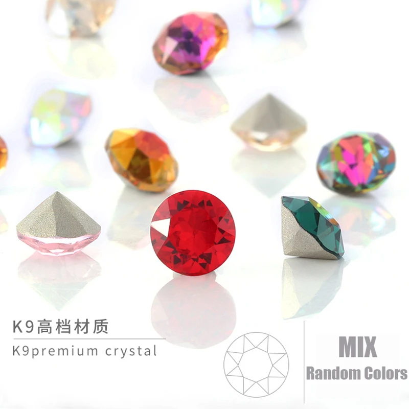 

50PCS Mix Colors 16 Facets Plated Sharp Gold Bottom Diamonds Crystal K9 Glass Nail Art Rhinestones Jewelry Decoration DIY Charms