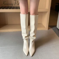 krazing pot 2022 genuine leather pointed toe high heels slip on winter shoes nightclub party pleated solid knee high boots l85