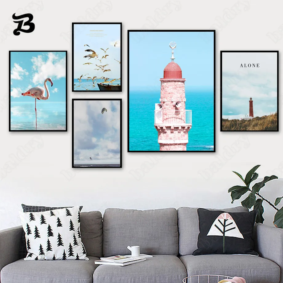 

Canvas Painting for Living Room City Lonely Scenery Beacon Flamingo Flying Birds Nordic Modern Wall Art Pictures Home Wall Decor