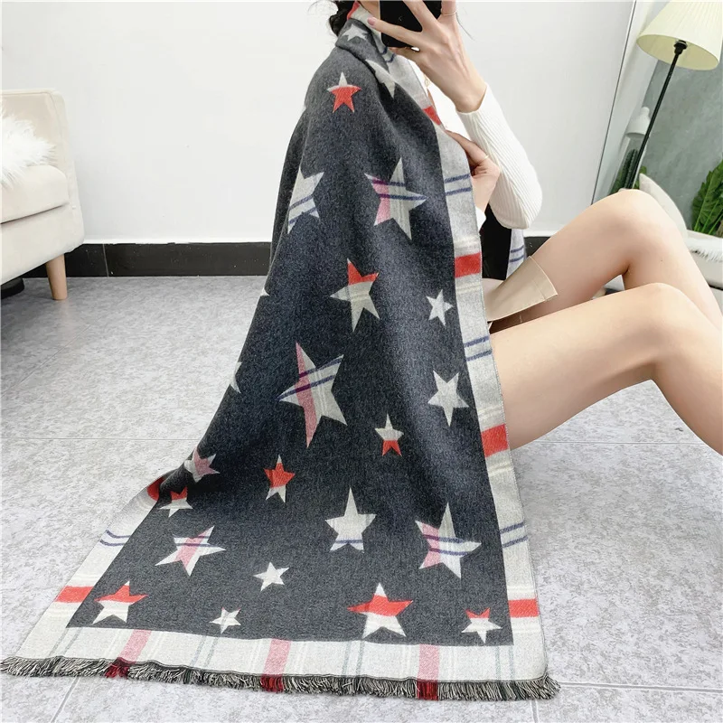 

2020 женский шарф, кашемировая шаль, зимние шарфы, женское вязаное одеяло с бахромой, плотный шарф с пятиконечной звездой, палантин