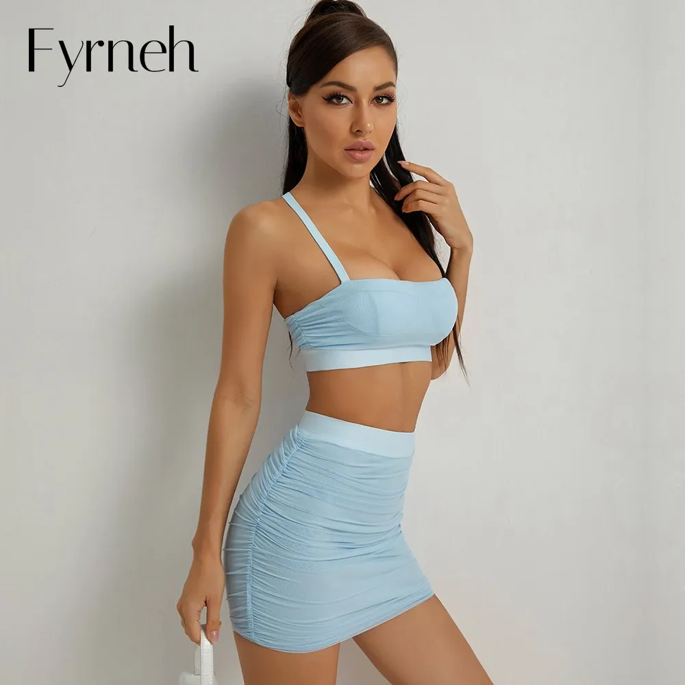 

Шикарное Сетчатое платье с рюшами Fyrneh из 2 частей, сексуальные топы с открытой спиной и перекрестными лямками, комплекты мини-юбки, одежда дл...