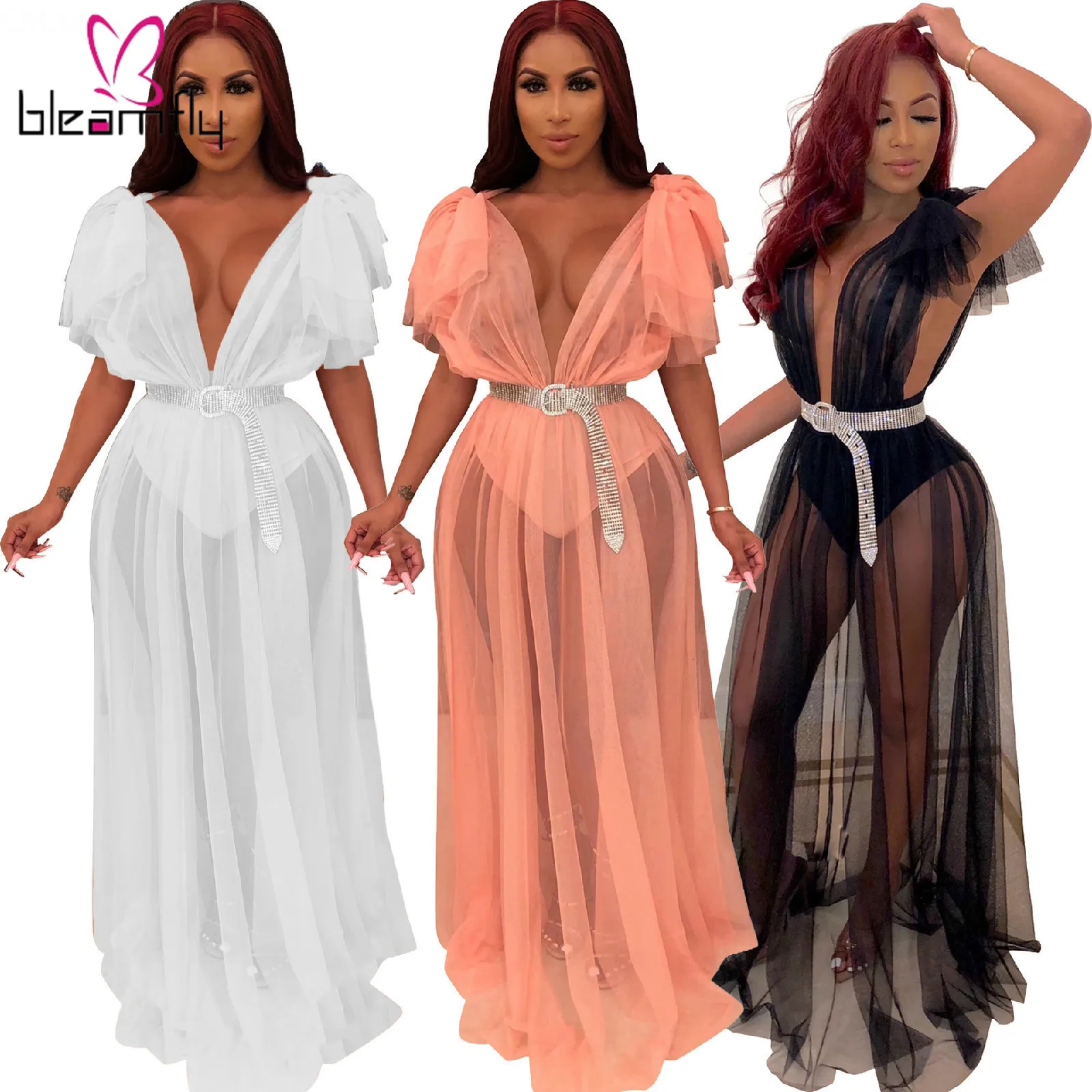 Летнее женское Сетчатое Прозрачное Платье макси с глубоким v-образным вырезом и