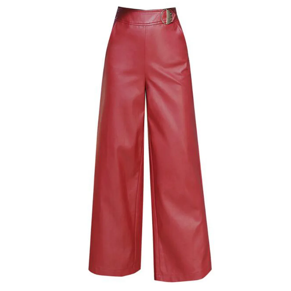 

Loose Office Ladies Womens Trousers Bottoms 2021 Spring Autumn PU Leather Wide Leg Pants Black Red Thick High Waist