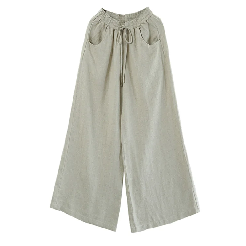 

2021 Summer Women Pants Cotton Linen Loose Plus Size Wide Leg Pants High Waist Elastic Waist Drawstring Straight Trousers Female