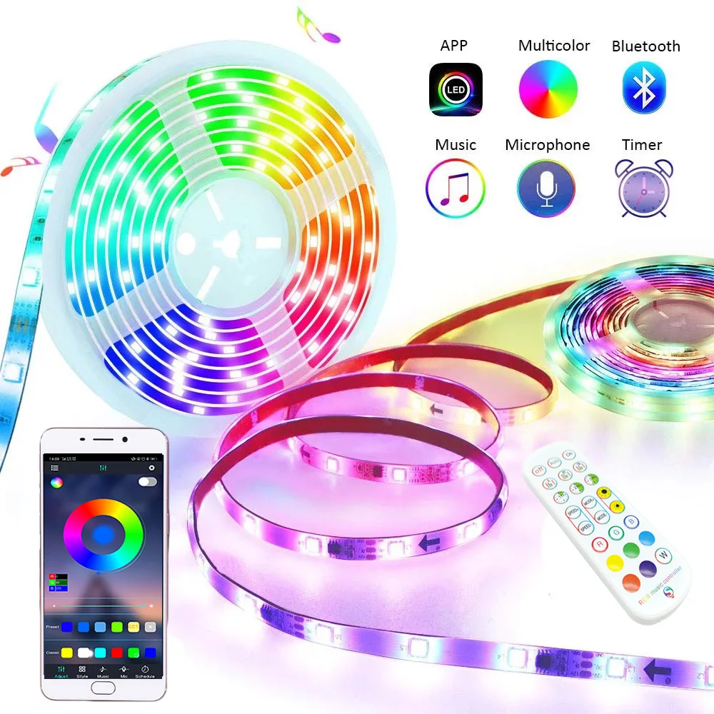 

RGB Светодиодная лента 5050 5 м 10 м SMD гибкая лента 12 В постоянного тока декор комнаты беспроводной Bluetooth/Wi-Fi контроллер Поддержка Alexa Google