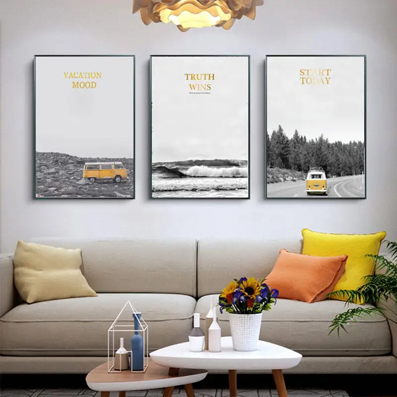 Путешествия желтый автобус море природный пейзаж Северный плакат печать