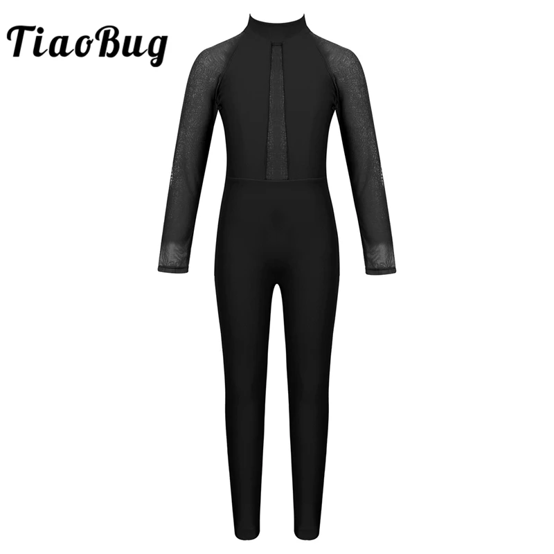 

Kids Girls Mesh Long Sleeves Mock Neck Zippered Dancewear Ballet Gymnastics Leotard Jumpsuit Dance Costume Sports Gym Unitards