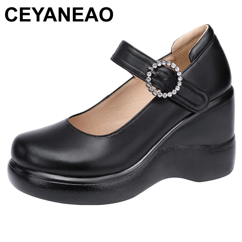 

CEYANEAO Round Toe Wedge Pumps Women Shoes Mary Jane Shoes Thick Bottom Leather Shoes Platform Pumps Fashion Brand New LargeSize