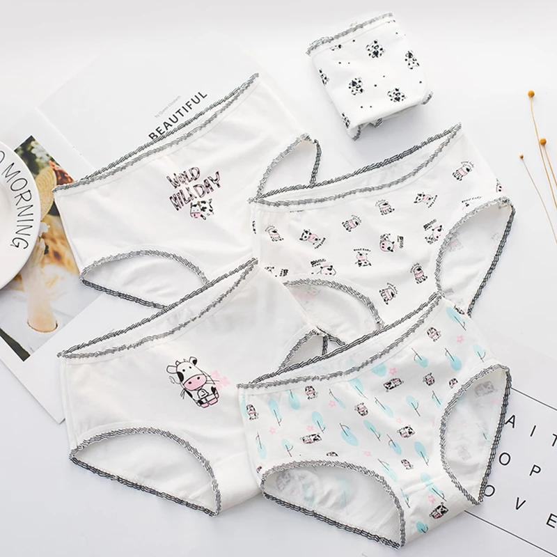 

3pcs Women's Cotton Mid-rise Underwear Comfortable Girls Briefs Students Intimate Printing Cute milk cow Panties