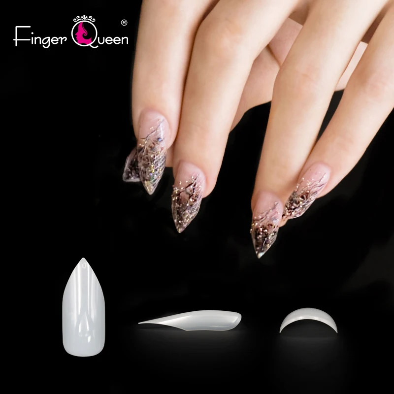 Fingerqueen 100 шт+ коробка длинный миндаль чистый АБС-пластик гвозди полное покрытие на шпильке, с острым накладными наконечниками искусственные