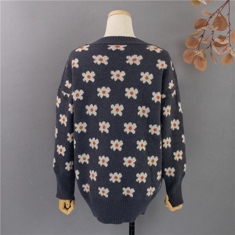 

Vintage Floral Sweater Women Autumn long Sleeve V Neck Knitted Sweaters Streetwear Elegant Korean sweater pull femme