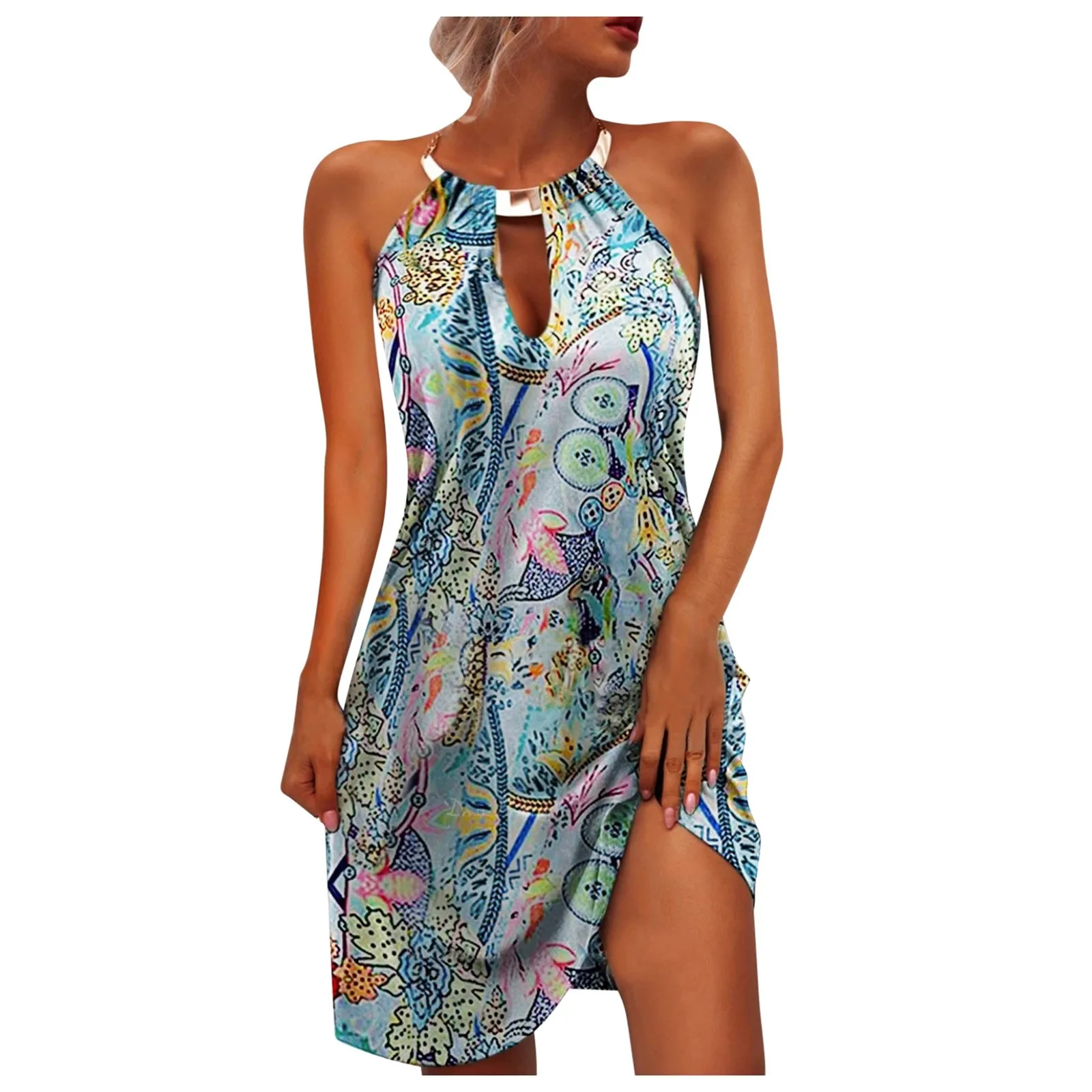 

40# Sexy Halter Hollow Out Metal Dress For Woman Bohemian Floral Printed Sleeveless Dress Women Summer Wrap Hip Mini Dress