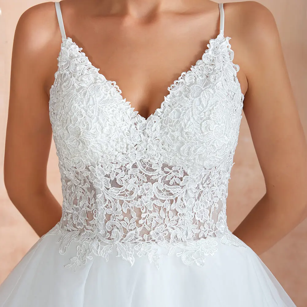 

Real Photos Vestido De Novia Sexy V-Neck Tulle Wedding Dress Open Back Lace Up Ruffle Ball Gown Wedding Gowns Lace Bride Dress