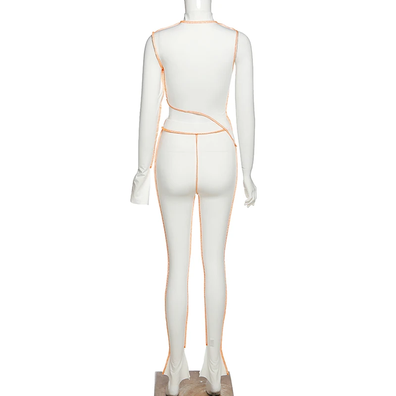 

Fitness Casual Sporty Workout Two Piece Set Women Bodycon Patchwork Long Sleeve Outfits Asymmetrical Top And Pants Sets