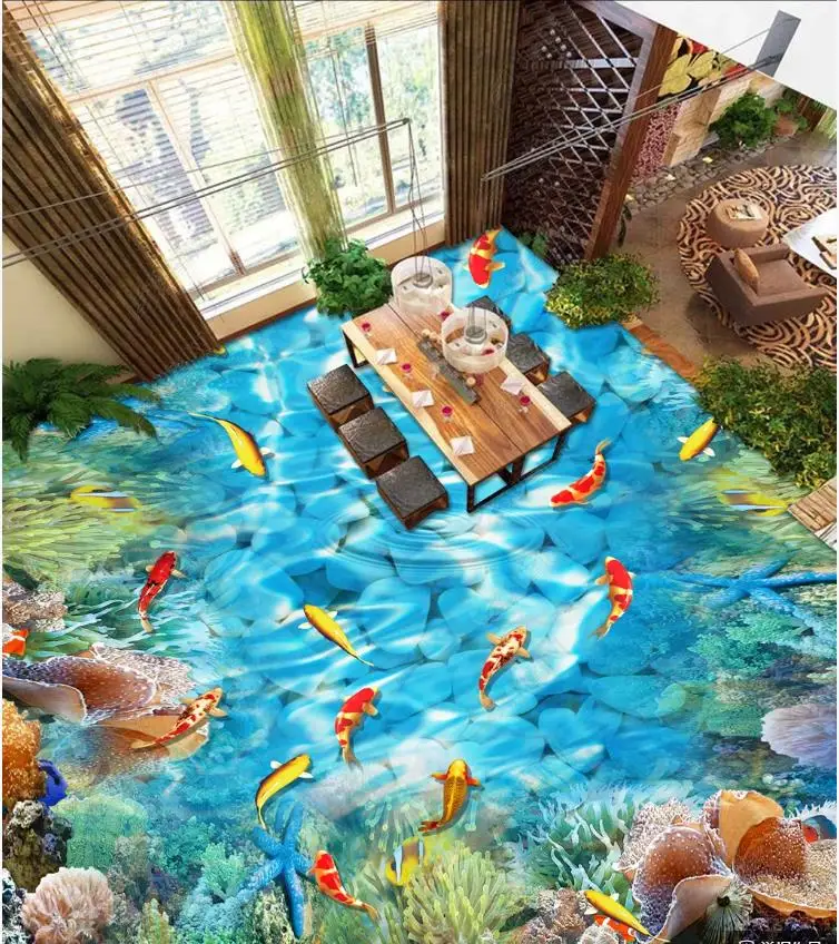 

Custom Self-adhesive waterproof Flooring wallpaper Wall Stickers Underwater world fish coral reef 3d floor painting background