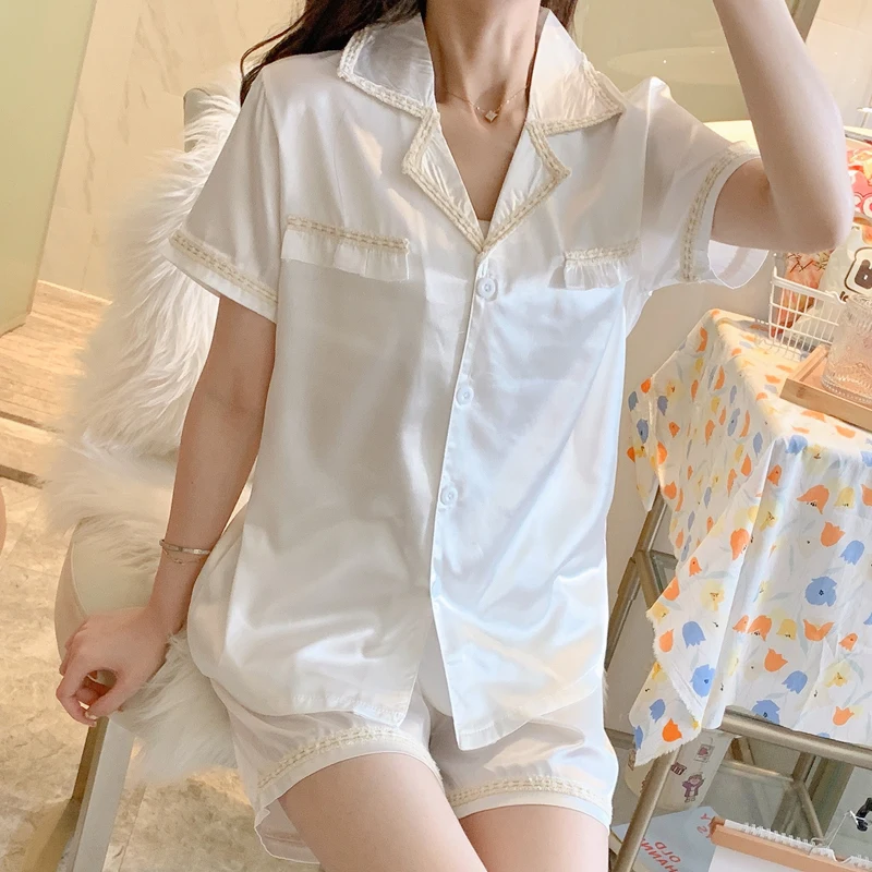 CAIYIER Summer Blue Pajamas Women Silk Short Sleeve Sleepwear Suit Lace Lace Small Fragrant Wind Girl Nightwear Home Wear Shorts