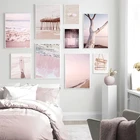 Постер на холст с изображением розового океана, волн, пляжа, песчаных пейзажей, скандинавский принт