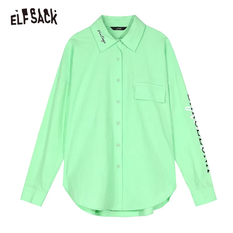 

ELFSACK Green Solid Single Breasted Casual Minimalist Shirt Women,2020 Autumn ELF Vintage Letter Print,Korean Ladeis Daily Top
