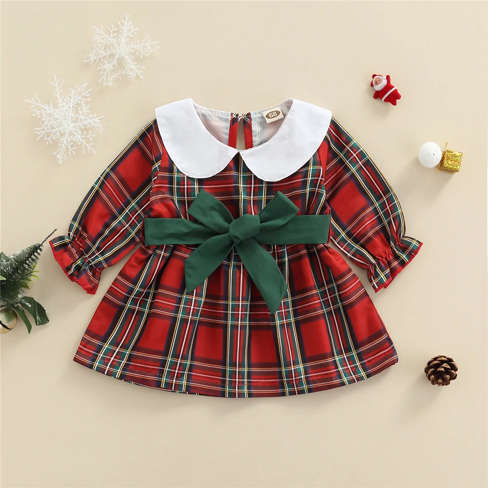 

0-3 Years Christmas Baby Girl Red Plaid Dress Green Waist Bow Cute Kids Lapel Collar Autumn Winter Long Sleeve A-Line Dress