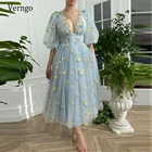 Платье женское из тюля, с пышными рукавами, V-образным вырезом и цветочным принтом, светло-голубосветильник, для выпускного вечера, Verngo, 2021