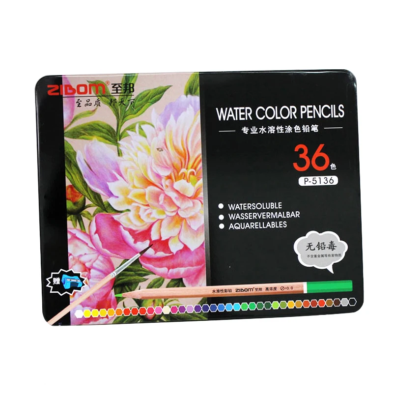 Карандаши цветные растворимые в металлической коробке 36 цветов | Канцтовары для