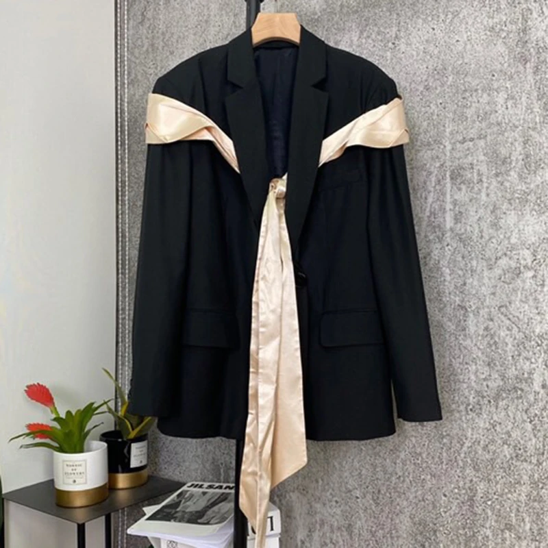 

SeeBeautiful Casual Lace Up Bow-knot Loose Blazer Coat Notched Collar Long Sleeve Simple New Fashion 2021 Spring Women M670