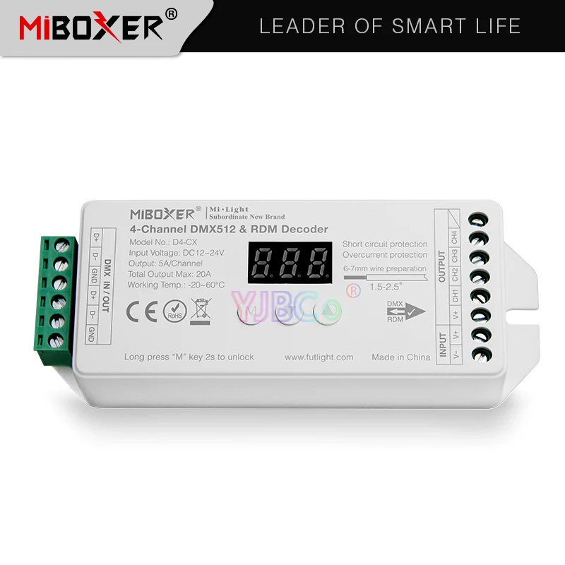 

Miboxer D4-CX 4-канальный декодер постоянного напряжения DMX512 и RDM, 12 ~ 24 В постоянного тока, 4 канала, 5 А/канал, макс. 20 А, контроллер цифрового дисплея