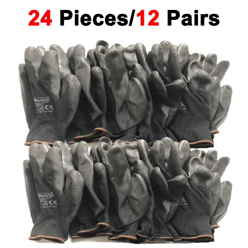 

24Pieces/12 Pairs Industrial Protective Work Safety Gloves Black Pu Nylon Cotton Glove with Garden NMSafety Brand All Sizes