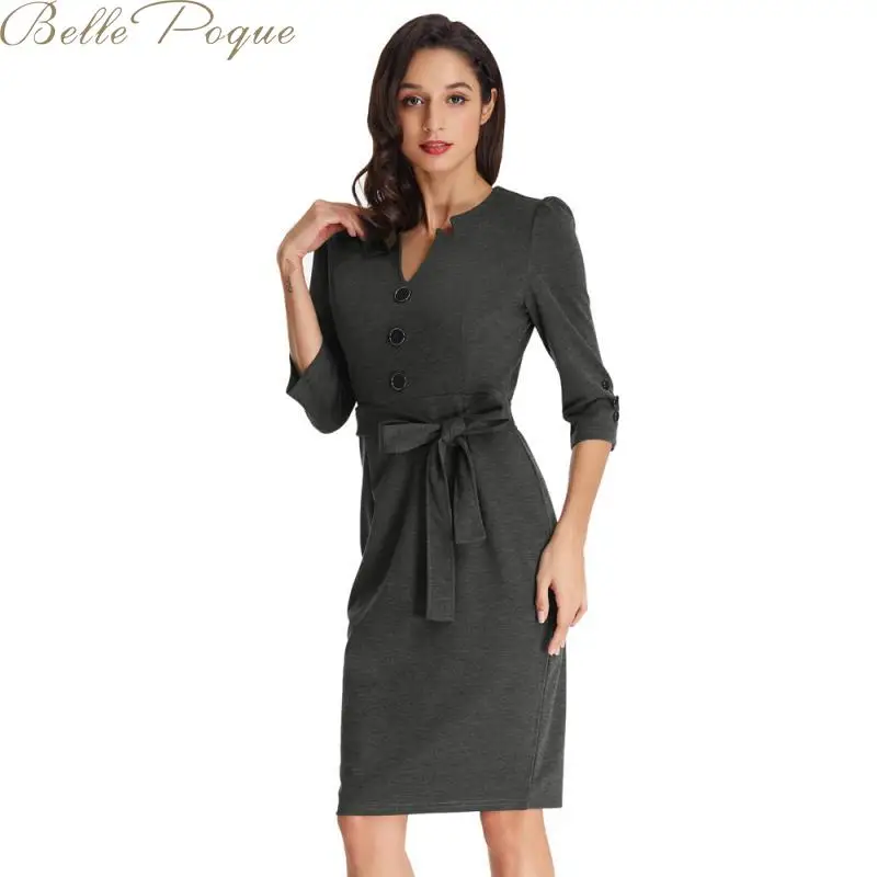 Belle Poque винтажное однотонное платье с бантом на поясе женские элегантные офисные