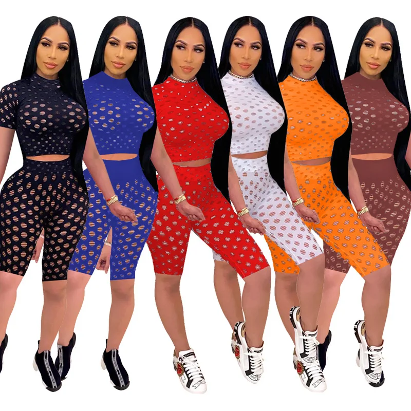 

Fitness Hole Sweatsuit 2 Piece Set Solid Short Sleeve Crop Tops T-Shirt Shorts Leggings Pants Suit Outfit Jogger Sport Tracksuit