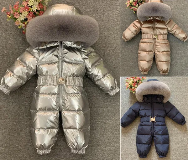 Children Thick Climbing Clothing in Winter Natural Fox Fur Collar  Down Jumpsuit For New Baby