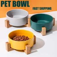pet ceramic bowl with bamboo stand cat bowl dog bowl pet drinking bowl food container cat and dog feeding supplies
